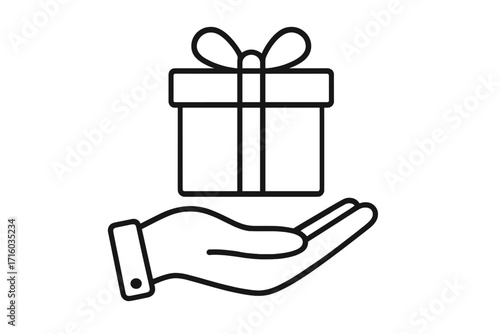 Hand giving gift box icon. Present in palm symbol for giving, receiving, or charity. Vector line art for bonus, reward, loyalty program, or birthday surprise celebration.