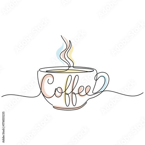 Illustration of a coffee cup with steam and the word coffee artistically designed in a fluid style