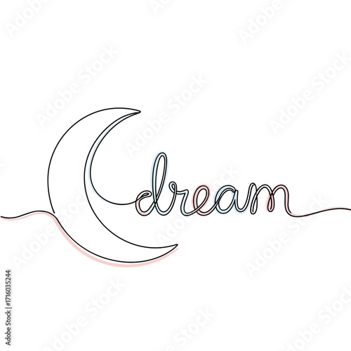 Illustration of a crescent moon with the word dream artistically intertwined in a whimsical design
