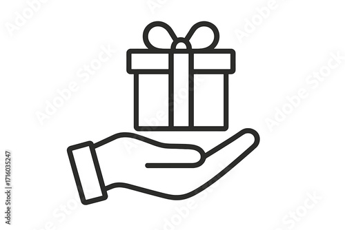 Hand holding gift box icon. Present, reward, bonus, and loyalty program concept. Vector illustration for giving, celebration, charity, and special offers. Line art design.