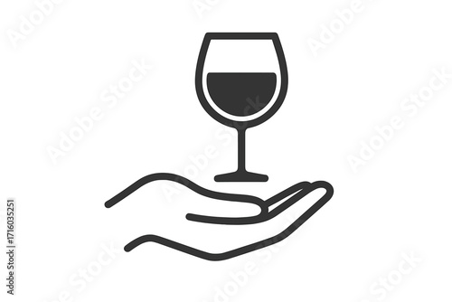 Hand holding wine glass vector icon. Sommelier service concept. Symbol for wine tasting, celebration, party. Restaurant, bar, winery, alcohol, beverage, drink. Minimalist line art illustration.