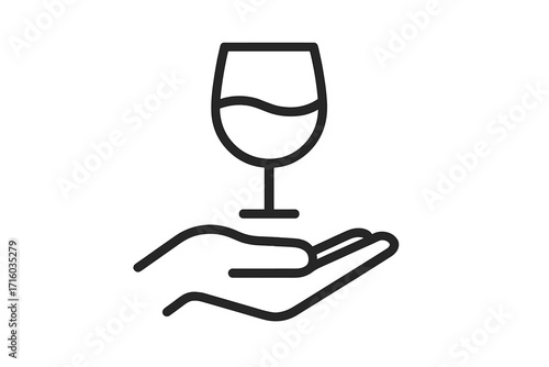 Hand holding wine glass line icon. Sommelier or waiter serving drink. Concept for wine tasting, bar, restaurant, hospitality service, celebration, and special event. Vector logo.