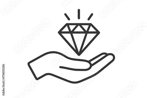 Hand holding brilliant diamond line icon. Vector logo of value, quality, luxury, premium service. Graphic for business apps. Concept of offering a precious gem, wealth, success.