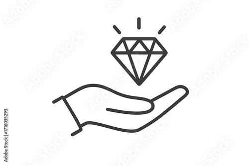 Hand holding diamond, concept of value, quality, premium service. Vector line icon for business ethics, mission, core values. Special luxury gift, wealth, success, offer.