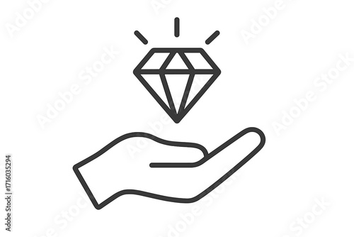Hand holding diamond line icon. Concept for value, quality, premium service, and luxury. Vector illustration for business, finance, and wealth. Exclusive offer, gift symbol.