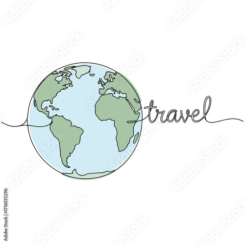 Illustration of a globe with the word travel handwritten in a whimsical style on a white background