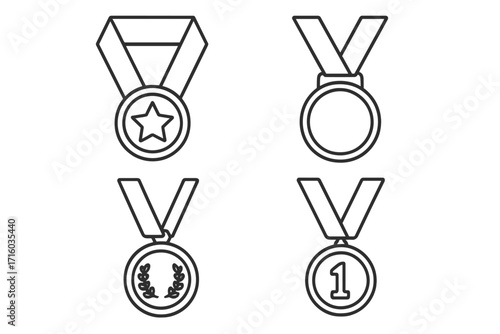 Medal line icon set for winners. Collection of awards with star, laurel wreath, and first place number one. Editable stroke vector for achievement, success, and competition.