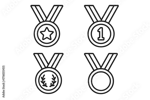 Medal award line icons set for victory and success. Champion prize for first place winner. Vector icon collection with star, number 1, and laurel wreath. Editable stroke.