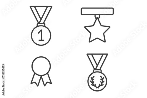 Medal and award line icon set. First place winner, champion prize, and victory honor symbols. Achievement success trophy badge with star and laurel wreath. Editable stroke vector.
