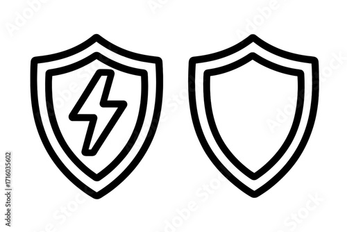 Shield and lightning bolt icon set. Vector line art for security, protection, and safety concepts. Minimalistic emblem for antivirus software, apps, and graphic design. Power and energy guard symbol.
