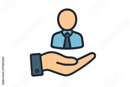 Customer care icon. Employee in safe hands. Human resources concept. Metaphor for support, protection, service and insurance. Client management, personnel retention vector.