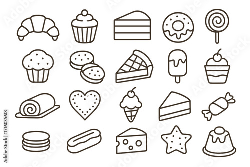 Sweets and dessert line icon collection. Pastry, bakery, and candy outline symbols. Vector set of cake, cupcake, donut, cookie, ice cream, croissant, pie, and muffin icons.