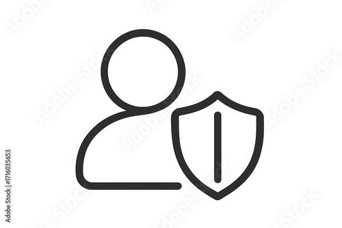 User protection icon with shield. Concept of security, safety, and privacy. Personal data defense and account guard. Secure access and authentication. Vector line illustration.
