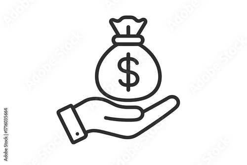 Hand holding money bag line icon. Financial concept for loan, credit, salary, payment, savings, and investment. Business symbol for banking, wealth, income, and profit. Vector.
