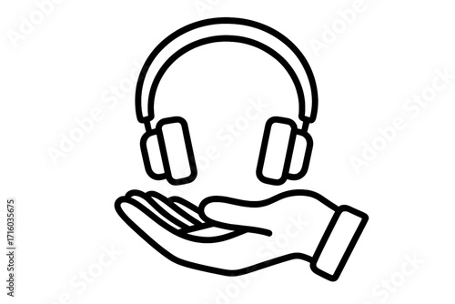 Hand holding headphones icon. Customer support, helpdesk, or call center concept. Vector pictogram for audio, music, podcast, and sound. Listen and enjoy. Isolated.