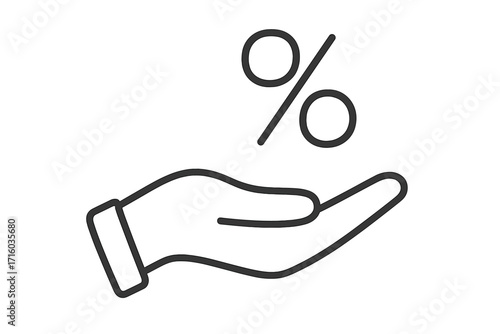 Hand holding percent sign line icon. Concept of discount, sale, promotion. Financial symbol for loan, credit, interest rate, commission, and investment. Editable stroke vector.
