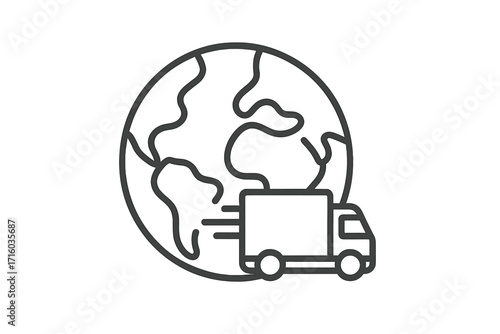 Worldwide shipping delivery truck icon. Global logistics and transportation service concept. Fast express cargo freight on planet earth. International distribution symbol.