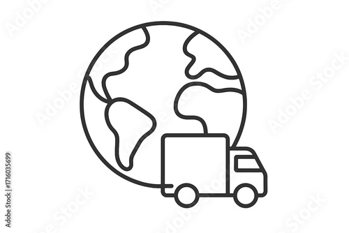 Global delivery service icon. Worldwide shipping and logistics concept with planet earth and truck. International freight distribution symbol. Transport vector for web and apps.