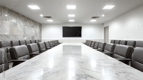 A long conference table with dark leather chairs dominates a modern, minimalist room, suggesting a space for important discussions and collaborative decision-making.
