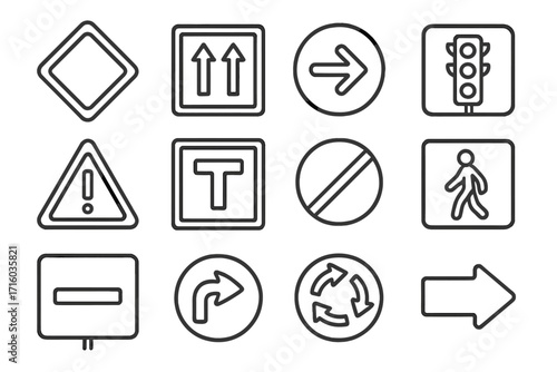 Road sign line icon set. Traffic signs and signals for street safety and navigation. Vector symbols for direction, warning, and rules. Editable stroke icons for UI and web design.
