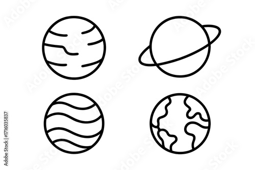 Planet icon set simple line art vector. Earth, Saturn, Jupiter and abstract celestial body symbols. Graphic design elements for astronomy, science, space, cosmos and universe concepts.