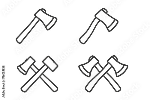 Axe and hammer line icon set. Crossed axes vector illustration. Lumberjack, woodcutter and carpentry tool symbol. Minimal pictogram for web, app, graphic design logo.