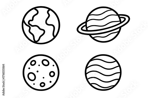 Planet icon set. Earth, Saturn, Moon celestial bodies. Simple outline vector illustration for web design, apps. Space, astronomy, galaxy concept. Doodle cartoon style symbols.