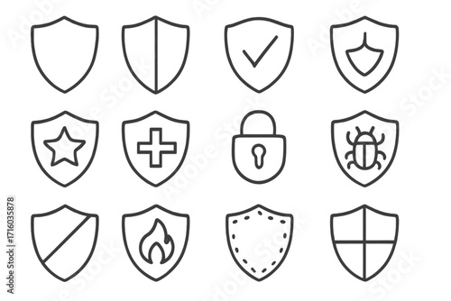 Shield icon set. Security, protection, and safety line icons. Vector symbols for antivirus, firewall, privacy, and data defense. Editable stroke for web and app design.
