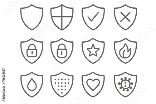 Shield icon set. Security and protection symbols. Vector line icons for web, data privacy, and apps. Includes lock, checkmark, virus, firewall, and waterproof signs.