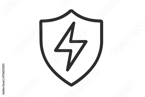 Lightning bolt shield vector icon for protection and security. Concept of power, energy, and safety. Simple line art logo for antivirus app, modern web design element.