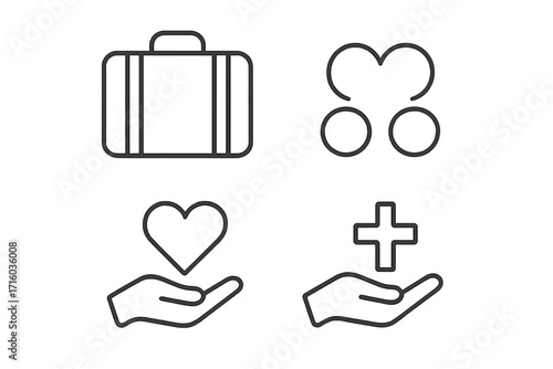 Charity donation and healthcare vector line icon set. Medical travel, love, support and community symbols. Outline signs for web, apps, and graphic design projects.