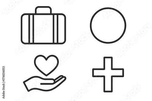 Business travel and charity thin line icon set. Suitcase for work, hand with heart for love and donation. Christian cross for faith or medical plus sign. Outline vector icons for web.