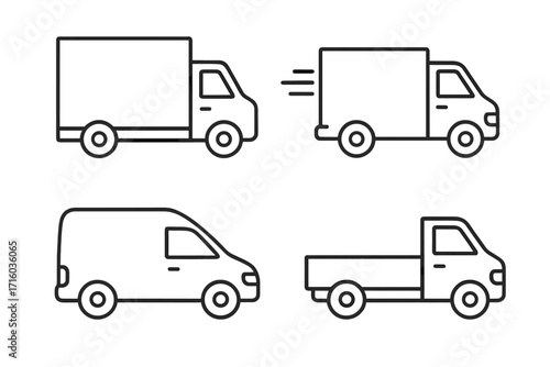 Delivery truck and van line icon set. Logistics and transportation symbols. Shipping, cargo, freight vehicle collection. Editable stroke vector for web, apps. Commercial transport outline icons.