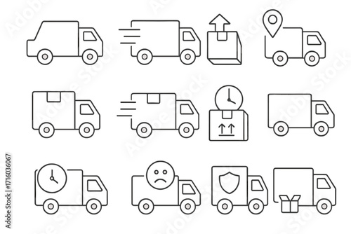 Delivery and shipping line icon set. Logistics, transport, and e-commerce vector icons. Includes fast delivery, tracking, and secure shipping symbols for UI and web design.