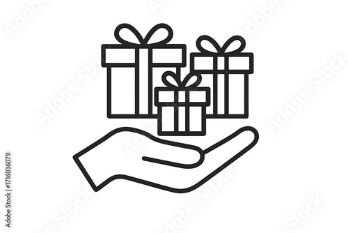 Hand holding gift boxes line icon. Concept of giving, receiving presents, bonus or reward program. Special offer, promotion, celebration or holiday surprise vector illustration.
