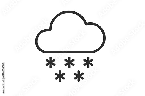 Snow weather forecast icon. Simple black outline symbol of a cloud with snowflakes. Minimalist vector for winter season, climate, cold temperature, snowfall, and blizzard day.