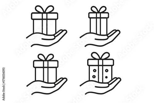 Hand holding gift box icon set. Line art illustration for giving, receiving, presents, and rewards. Vector concept for charity, donation, bonus, and loyalty program symbols.