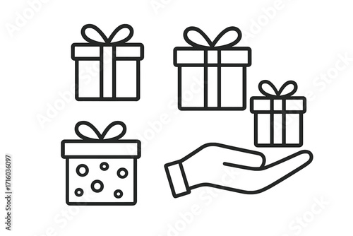 Set of gift box icons. Hand holding a present. Concept of giving, receiving, surprise, celebration. Loyalty program bonus reward. Thin line vector illustration for web, apps.