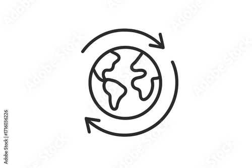 Global circulation & worldwide connection icon. Earth planet with arrows for international logistics. Vector outline symbol for global business, network, eco concepts. Refresh & recycle.