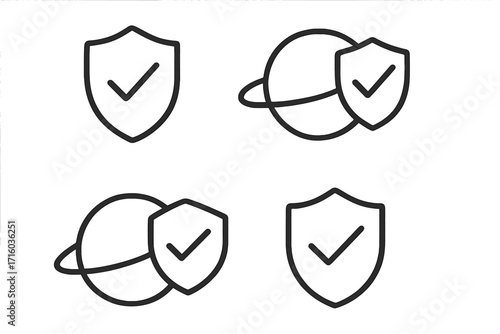 Security shield and global protection line icon set. Planet with checkmark for internet safety, network defense, and verified access. Vector outline icons for web and apps.