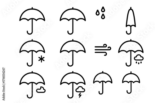 Umbrella weather icon set. Line icons for rain, snow, wind, storm. Vector collection for UI design, apps, websites. Outline symbols for meteorology forecast. Editable stroke.