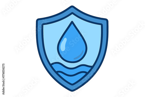 Water protection shield icon. Water drop and shield symbol for security and safety. Waterproof concept. Aqua logo for filtration system, conservation, purity and quality. Vector.