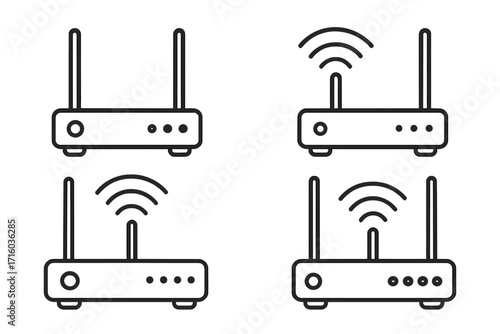 Wi-Fi router line icon set. Wireless internet signal and connection concept. Network modem or hotspot pictogram collection. Vector outline illustration with editable stroke.