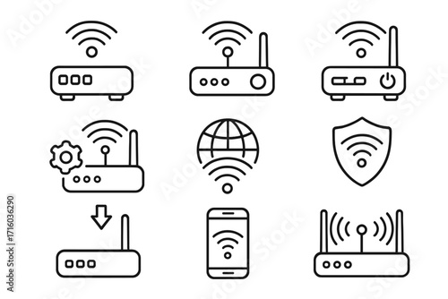 Wi-Fi router line icon set. Wireless internet connection and network technology symbols. Vector outline icons for web and mobile apps. Editable stroke modem and signal pictograms.