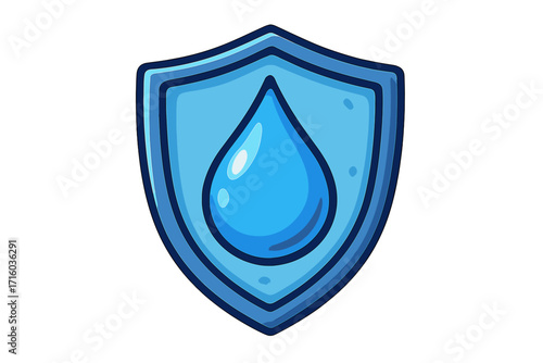Water drop on shield icon. Symbol of protection, safety and security. Aqua, liquid, purity concept. Vector logo for waterproof, hydrophobic technology or water filter.