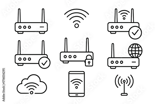 Wi-Fi router line icon set. Wireless internet and network connection symbols. Vector icons for modem, signal, hotspot, security, cloud data, and mobile access. Editable stroke.