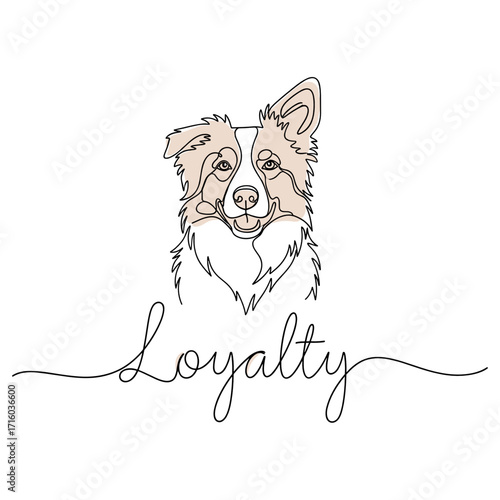 Dog head illustration in minimalist style with the word "Loyalty" and copy space