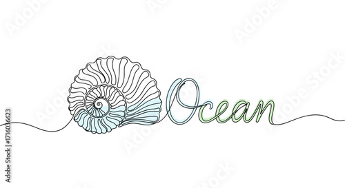 Seashell illustration in minimalist style with the word "Ocean" and copy space