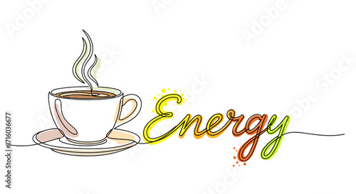 Coffee cup illustration in minimalist style with the word "Energy" and copy space