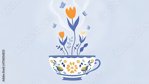 A teacup filled with flowers and steam, with butterflies flying around against a light blue background